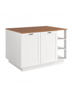 Balcão ilha gourmet com quatro portas e nichos para cozinha na cor branco lavado com honey / coleção Alma